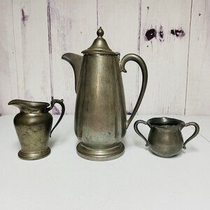 Crescent Coffee Pot 1606 Pewter With Silvercraft Pitcher & Sheets Rockford Sugar
